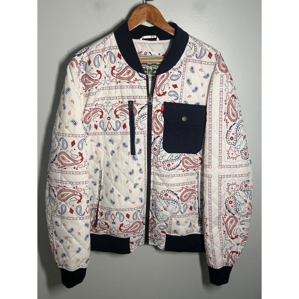 Levis Paisley Bandana Quilted Bomber Jacket White Red Blue XL